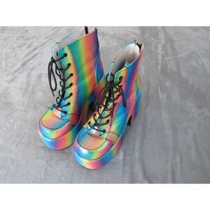 Demonia Camel-203 Rainbow Holographic Platform Lace Up Back Zip Boots Mens 8